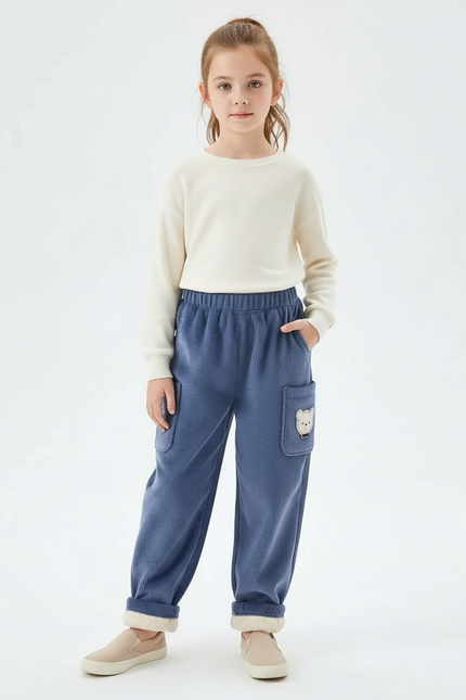 Pantalon Cargo Bleu Côtelé Ample Enfant Brodé Polaire - Cordé