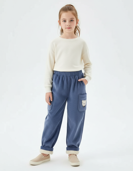 Pantalon Cargo Bleu Côtelé Ample Enfant Brodé Polaire - Cordé