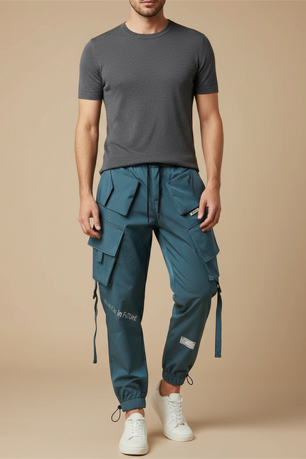 Pantalon Cargo Homme Vert Canard Multipoches Streetwear - Polyester