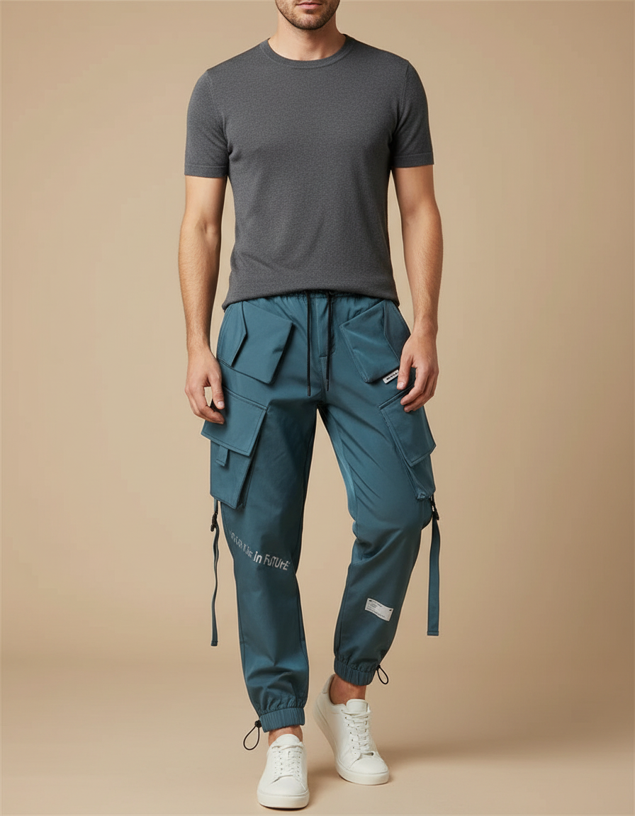 Pantalon Cargo Homme Vert Canard Multipoches Streetwear - Polyester