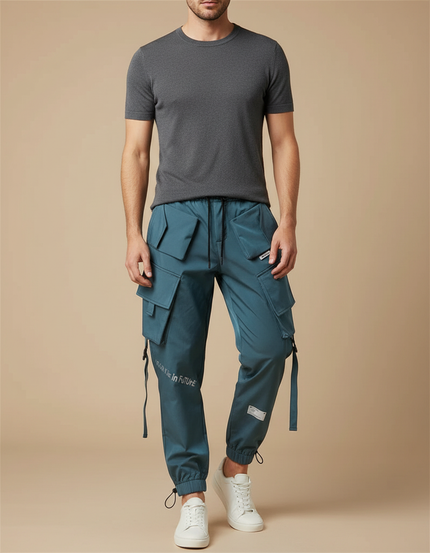 Pantalon Cargo Homme Vert Canard Multipoches Streetwear - Polyester