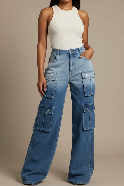 Pantalon Cargo Denim Ample Bleu Délavé Multipoches Femme - Jean