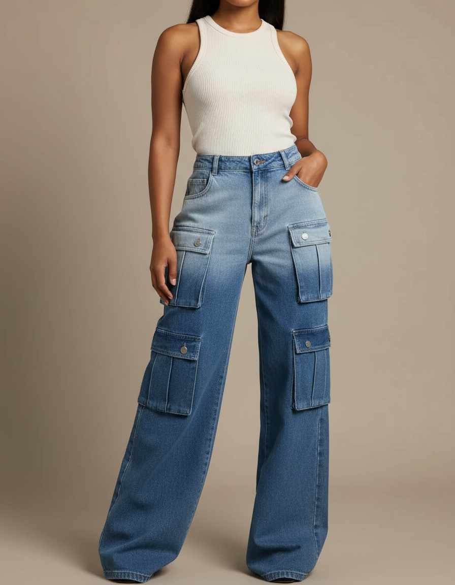 Pantalon Cargo Denim Ample Bleu Délavé Multipoches Femme - Jean