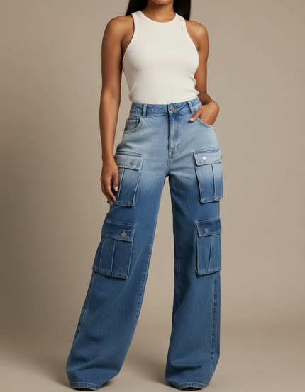 Pantalon Cargo Denim Ample Bleu Délavé Multipoches Femme - Jean