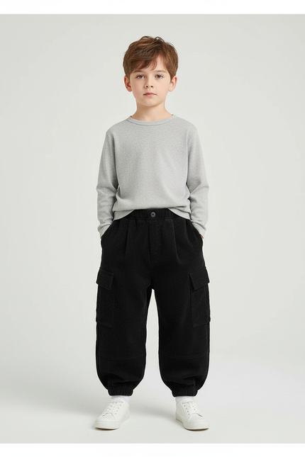 Pantalon Cargo Côtelé Noir Ample Confortable Enfant - Cordé
