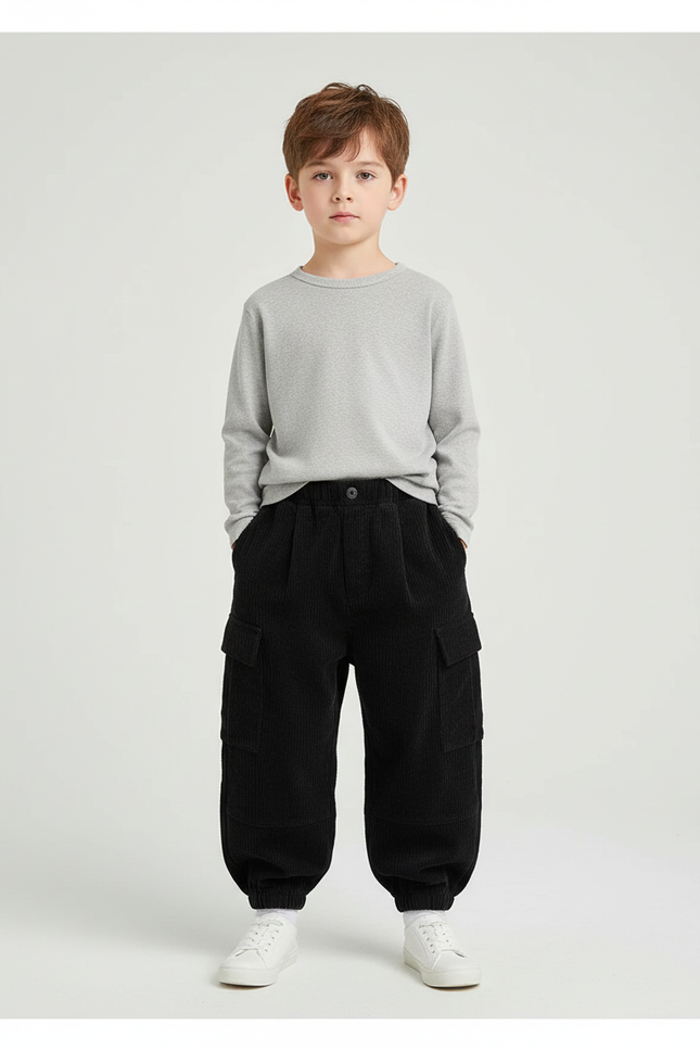 Pantalon Cargo Côtelé Noir Ample Confortable Enfant - Cordé