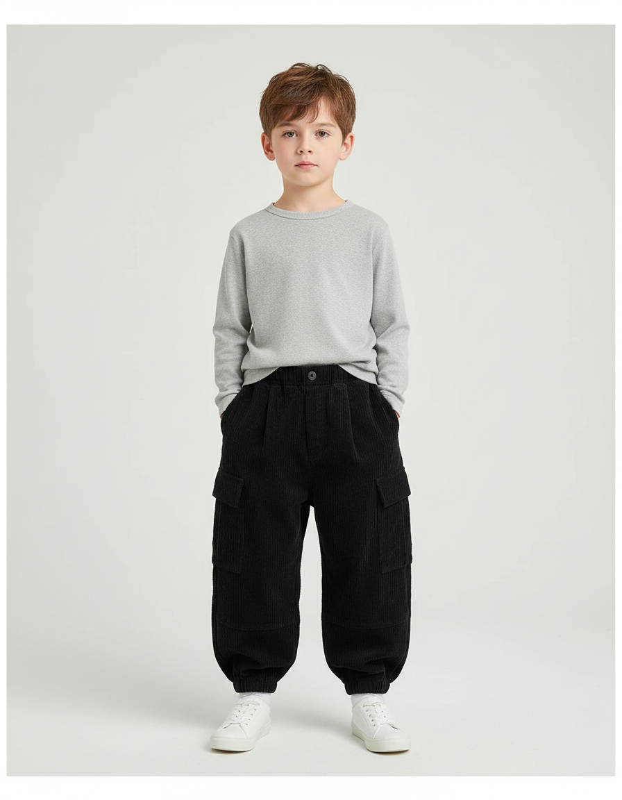 Pantalon Cargo Côtelé Noir Ample Confortable Enfant - Cordé