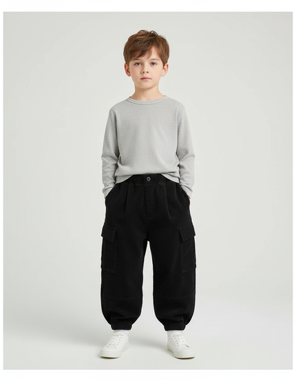 Pantalon Cargo Côtelé Noir Ample Confortable Enfant - Cordé