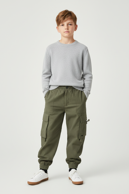 Pantalon Cargo Vert Kaki Coton Multipoches Garçon