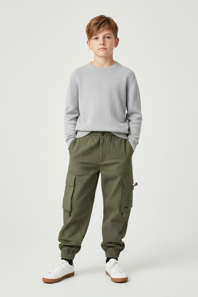 Pantalon Cargo Vert Kaki Coton Multipoches Garçon
