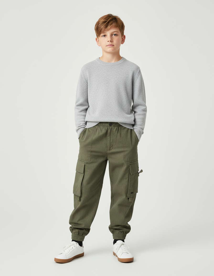 Pantalon Cargo Vert Kaki Coton Multipoches Garçon
