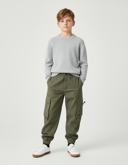 Pantalon Cargo Vert Kaki Coton Multipoches Garçon