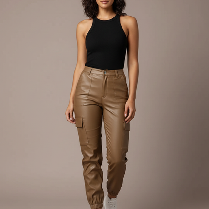 Pantalon Cargo Cuir Femme - Camel