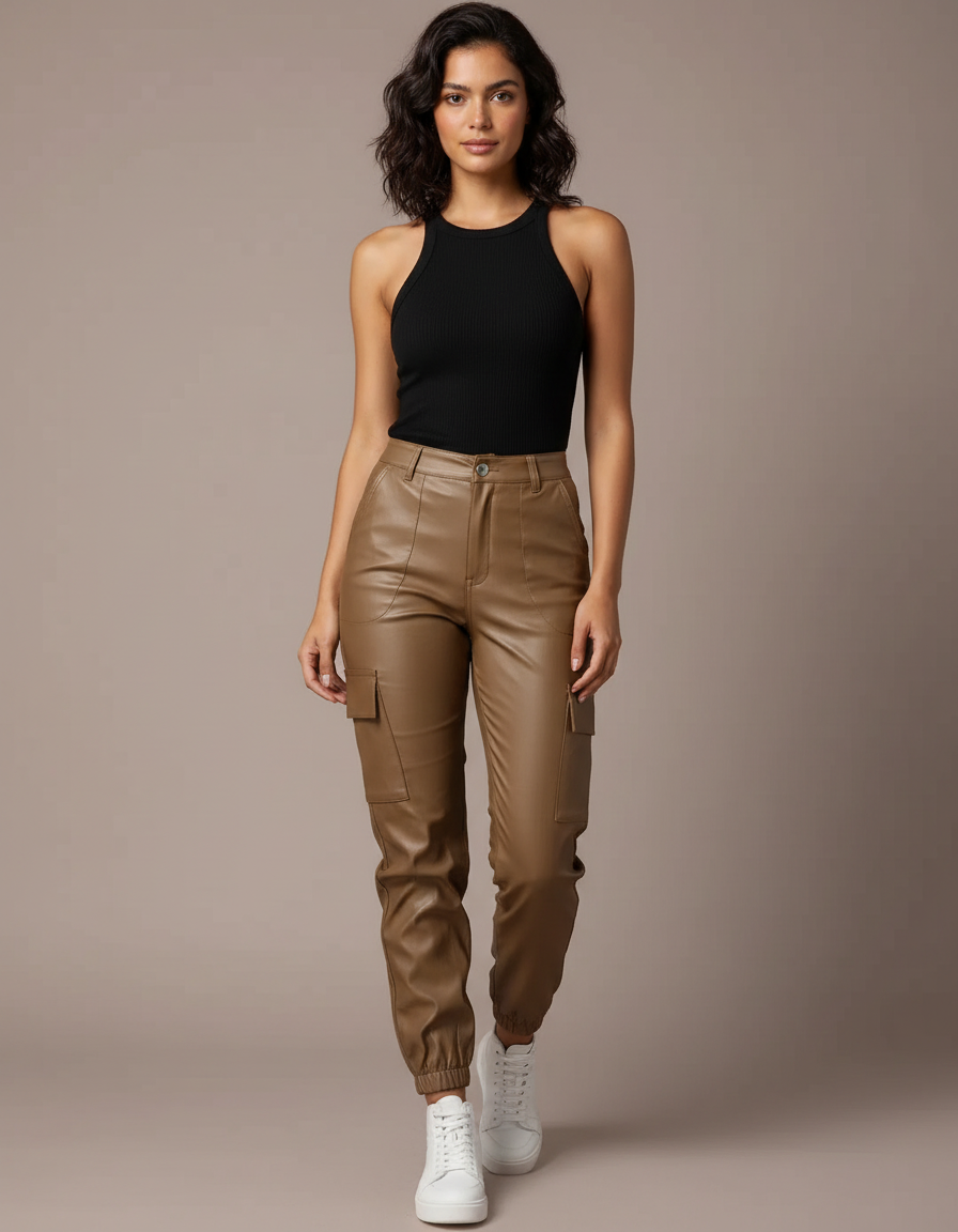 Pantalon Cargo Cuir Femme - Camel