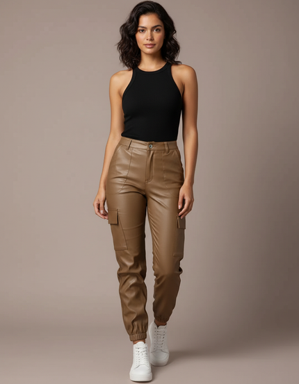 Pantalon Cargo Cuir Femme - Camel