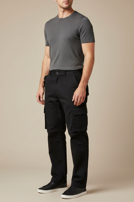 Pantalon Cargo Noir Coton Multipoches Décontracté Coupe Droite