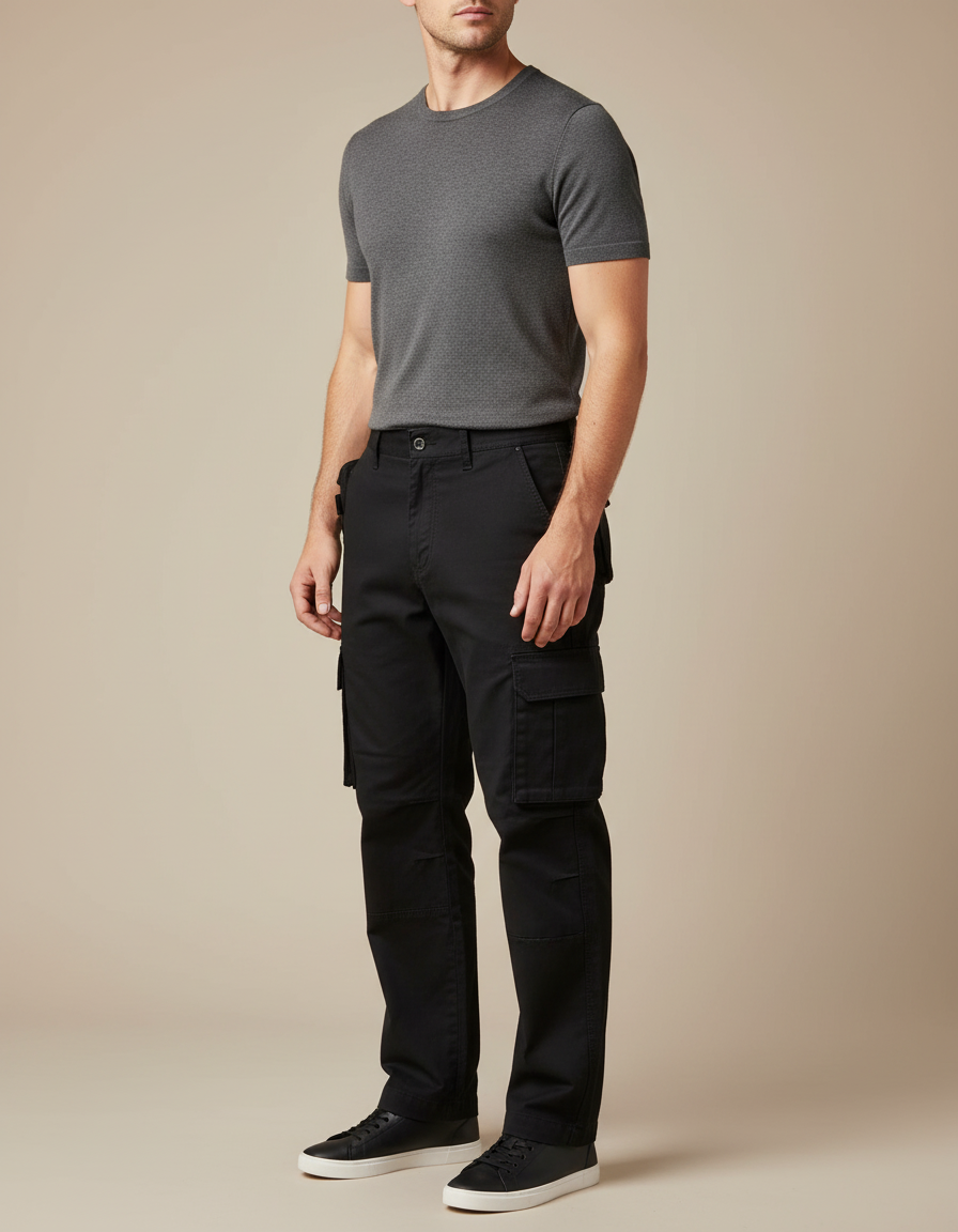 Pantalon Cargo Noir Coton Multipoches Décontracté Coupe Droite