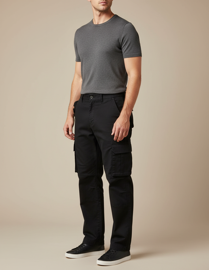 Pantalon Cargo Noir Coton Multipoches Décontracté Coupe Droite