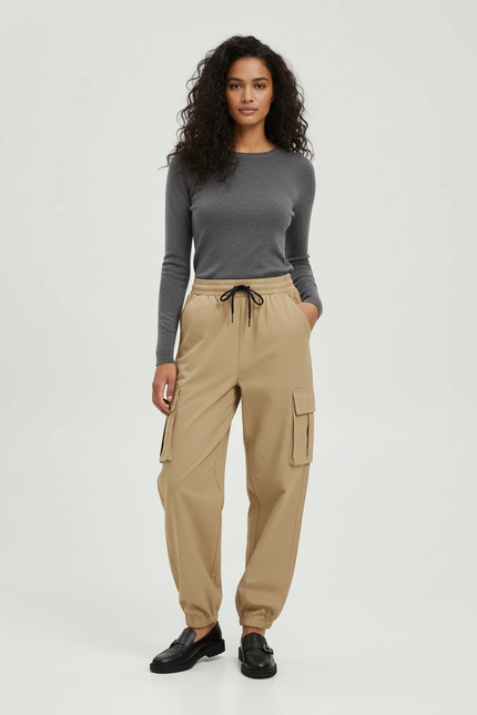 Pantalon Cargo Beige Ample Taille Élastique Femme - Polyester