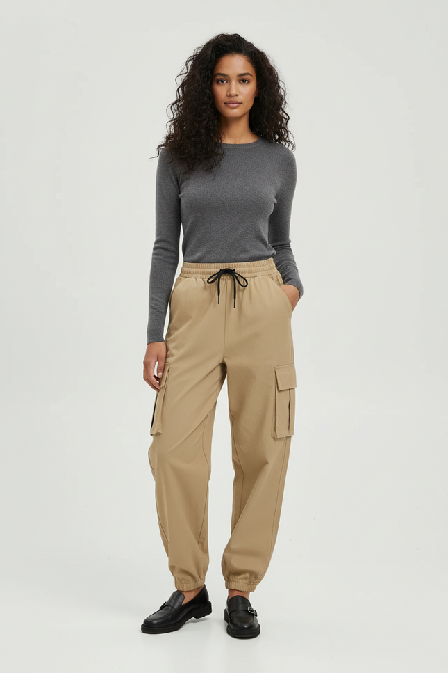 Pantalon Cargo Beige Ample Taille Élastique Femme - Polyester
