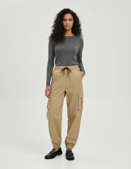 Pantalon Cargo Beige Ample Taille Élastique Femme - Polyester