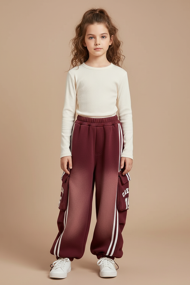 Pantalon Cargo Bicolore Multipoches Rayures Blanches Fille - Bordeaux Molleton