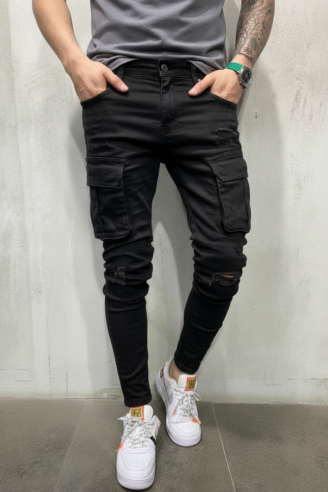 Pantalon Cargo Noir Slim Délavé Multipoches Homme - Jean