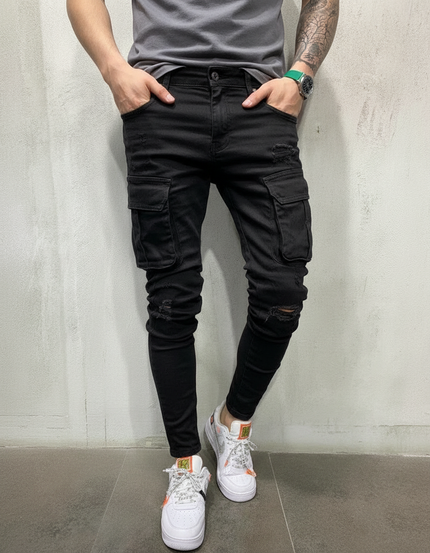 Pantalon Cargo Noir Slim Délavé Multipoches Homme - Jean
