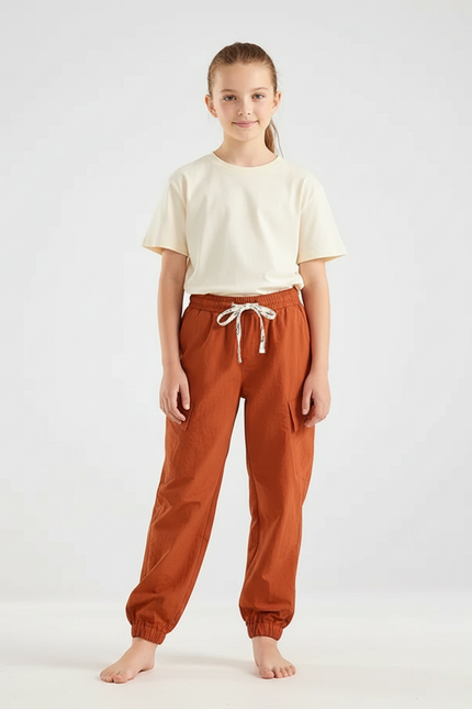 Pantalon Cargo Orange Coton Ample Décontracté Fille