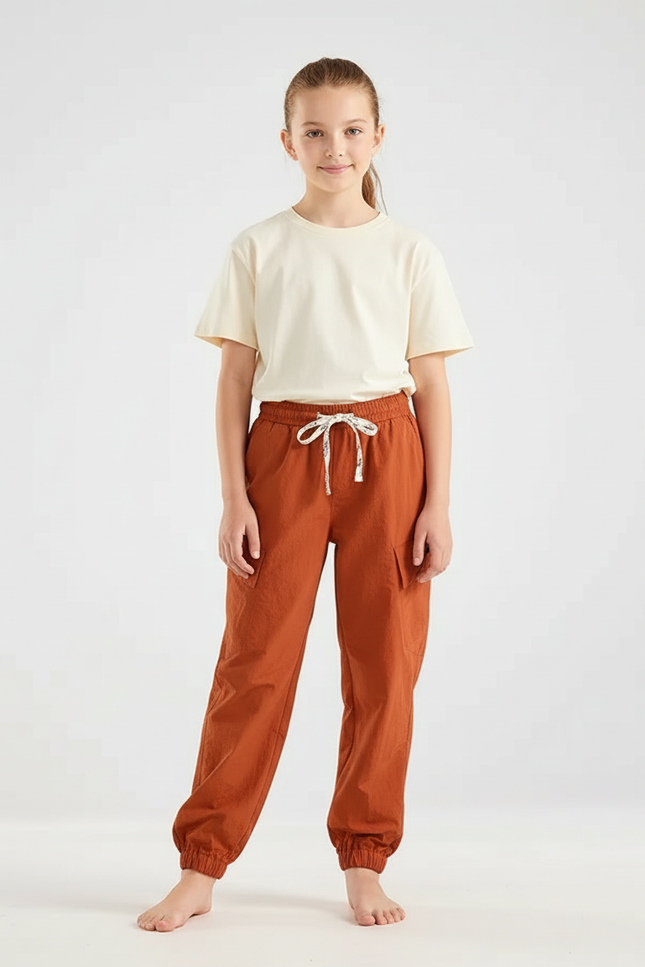 Pantalon Cargo Orange Coton Ample Décontracté Fille