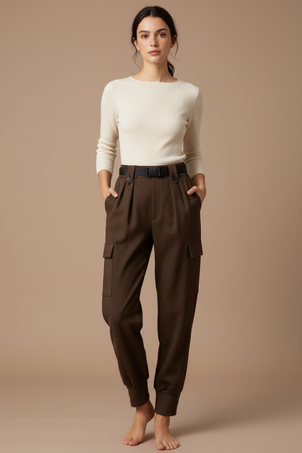 Pantalon Cargo Marron Laine Ample Taille Haute