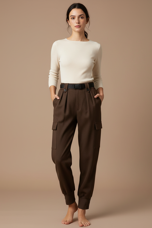 Pantalon Cargo Marron Laine Ample Taille Haute