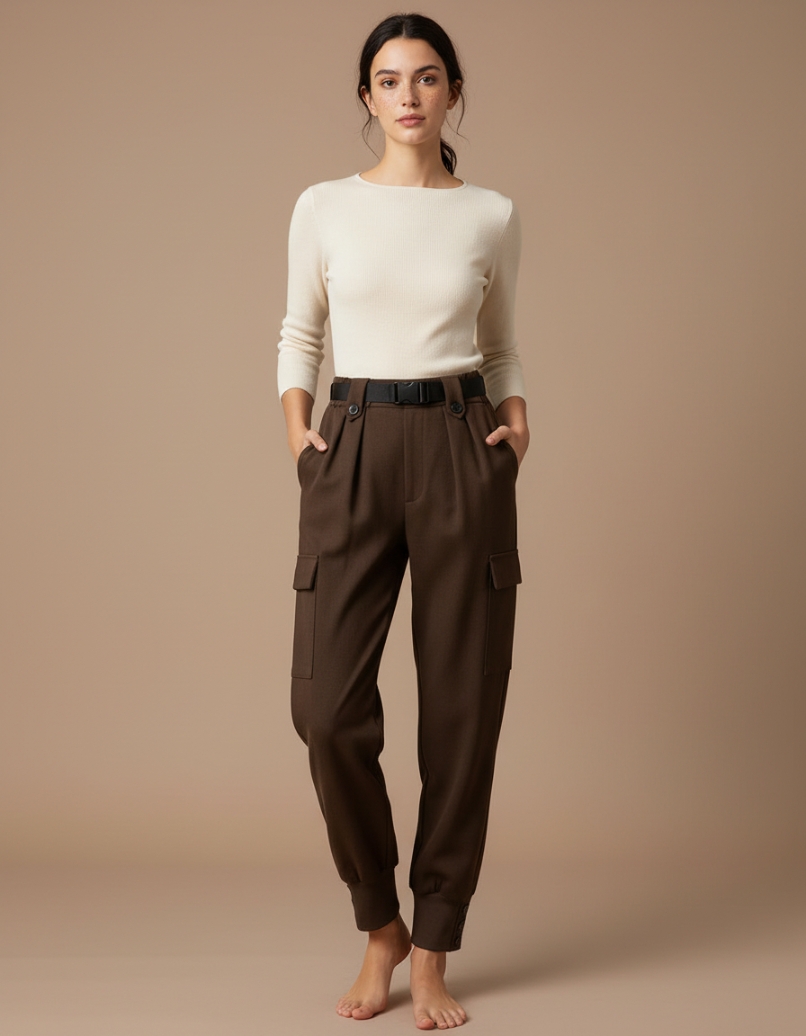Pantalon Cargo Marron Laine Ample Taille Haute