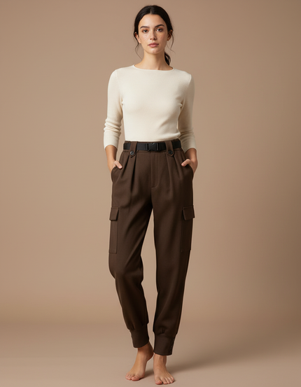 Pantalon Cargo Marron Laine Ample Taille Haute