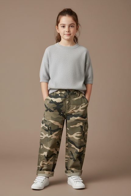Pantalon Cargo Ample Camouflage Coton Enfant Décontracté - Kaki