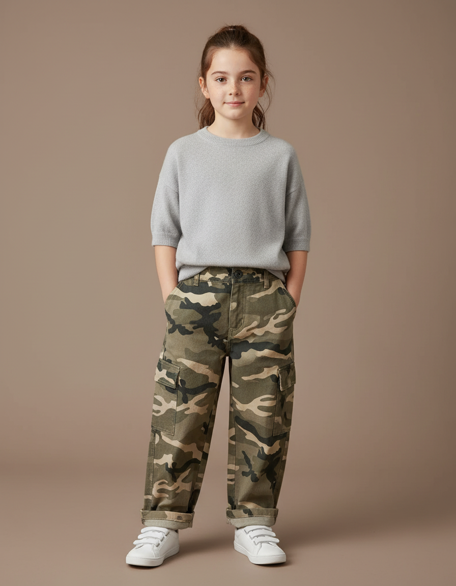 Pantalon Cargo Ample Camouflage Coton Enfant Décontracté - Kaki