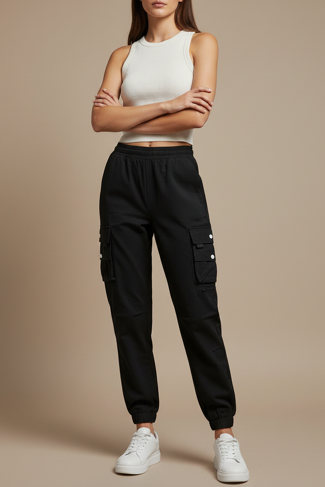 Pantalon Cargo Noir Femme Cordon Élastique Jogger - Polyester