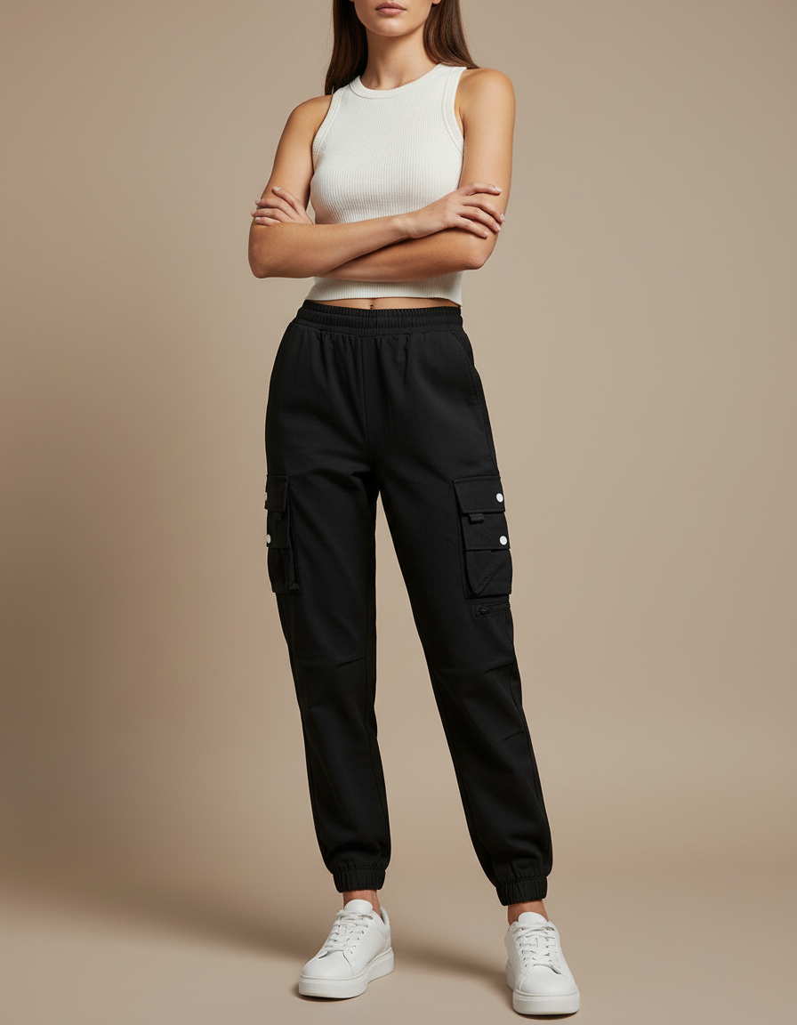 Pantalon Cargo Noir Femme Cordon Élastique Jogger - Polyester