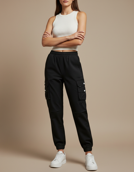 Pantalon Cargo Noir Femme Cordon Élastique Jogger - Polyester