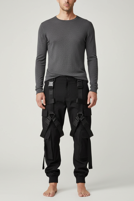Pantalon Cargo Noir Tactique Boucles Sangles Homme - Toile