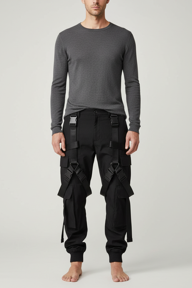 Pantalon Cargo Noir Tactique Boucles Sangles Homme - Toile