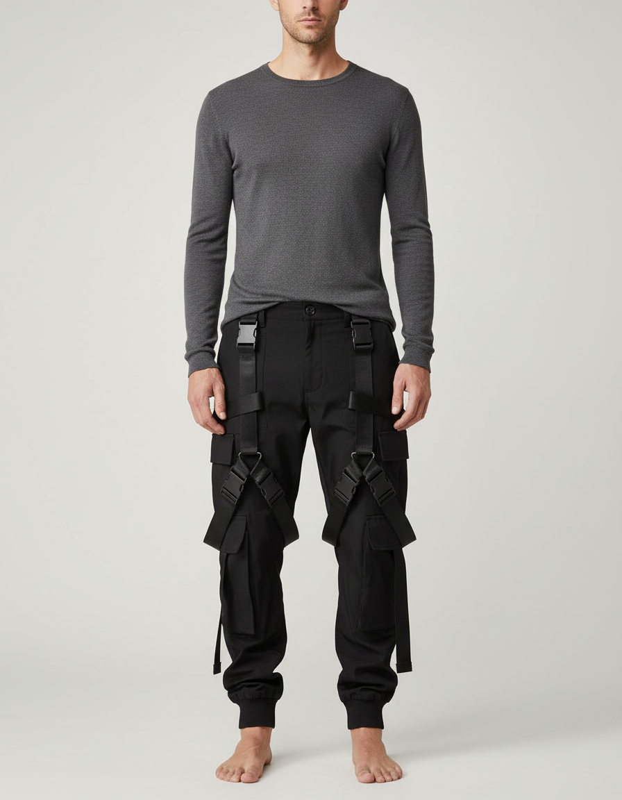 Pantalon Cargo Noir Tactique Boucles Sangles Homme - Toile