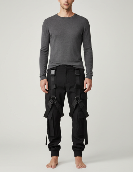 Pantalon Cargo Noir Tactique Boucles Sangles Homme - Toile