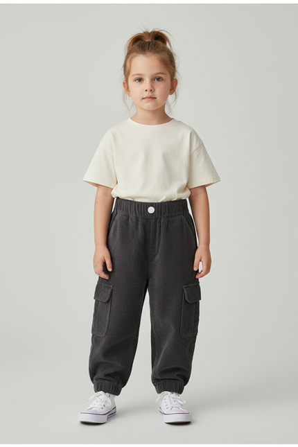 Pantalon Cargo Gris Côtelé Ample Enfant Décontracté - Cordé