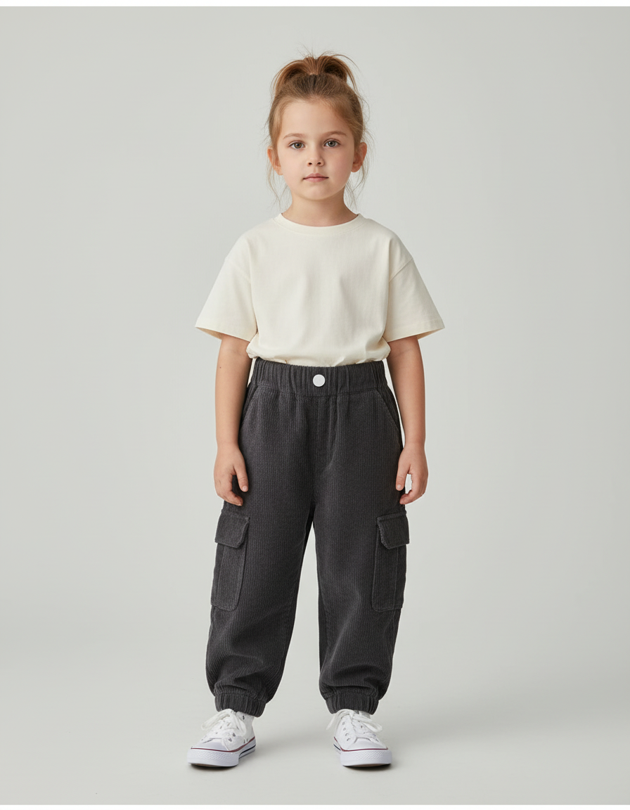 Pantalon Cargo Gris Côtelé Ample Enfant Décontracté - Cordé