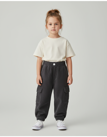 Pantalon Cargo Gris Côtelé Ample Enfant Décontracté - Cordé