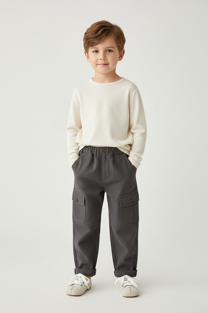 Pantalon Cargo Gris Ample Coton Multipoches Enfant - Gabardine