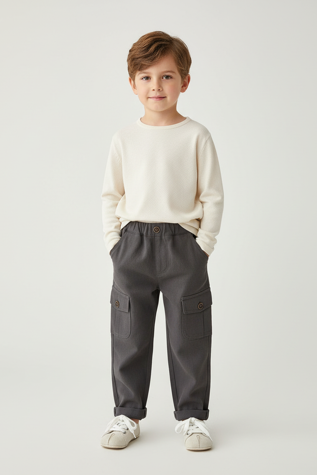 Pantalon Cargo Gris Ample Coton Multipoches Enfant - Gabardine
