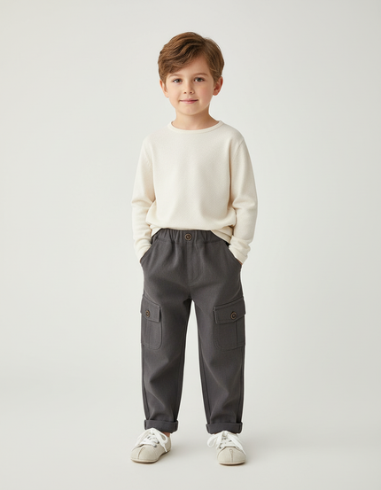 Pantalon Cargo Gris Ample Coton Multipoches Enfant - Gabardine