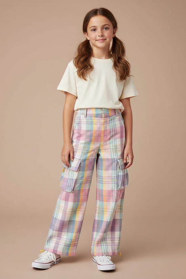 Pantalon Cargo Plaid Pastel Ample Fille Casual - Multicolore Coton